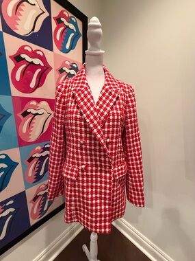 fab'rik Red and White Plaid Double-Breasted Blazer